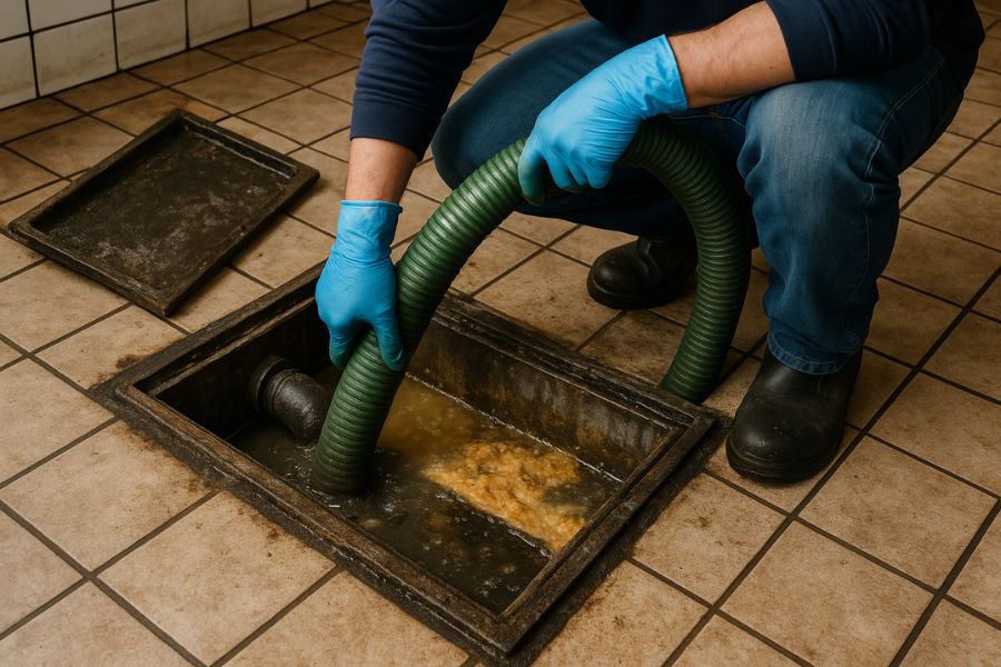 Crew cleaning a commercial kitchen grease trap using specialised equipment